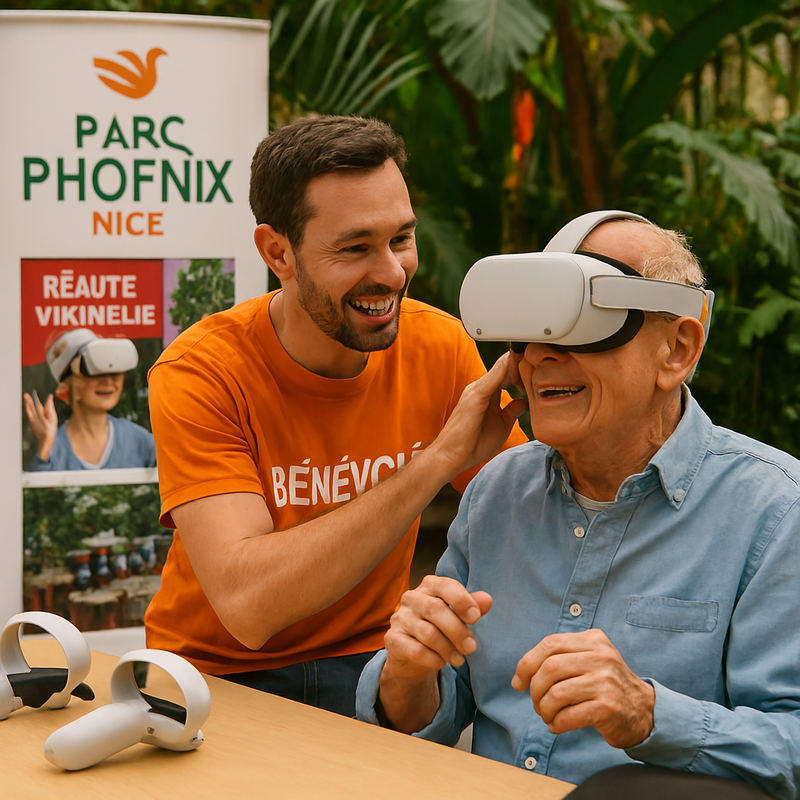 Un bénévole aide une personne âgée à utiliser un casque de réalité virtuelle dans un cadre convivial au Parc Phoenix à Nice, avec des plantes tropicales en arrière-plan. Ambiance chaleureuse, associative, avec des sourires et des éléments de stand (affiches, table, matériel VR).